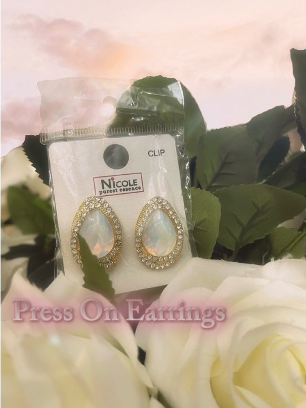 Nicole Purest Essence Gold Teardrop Opalescent Clip-On Earrings Crystal Halo
